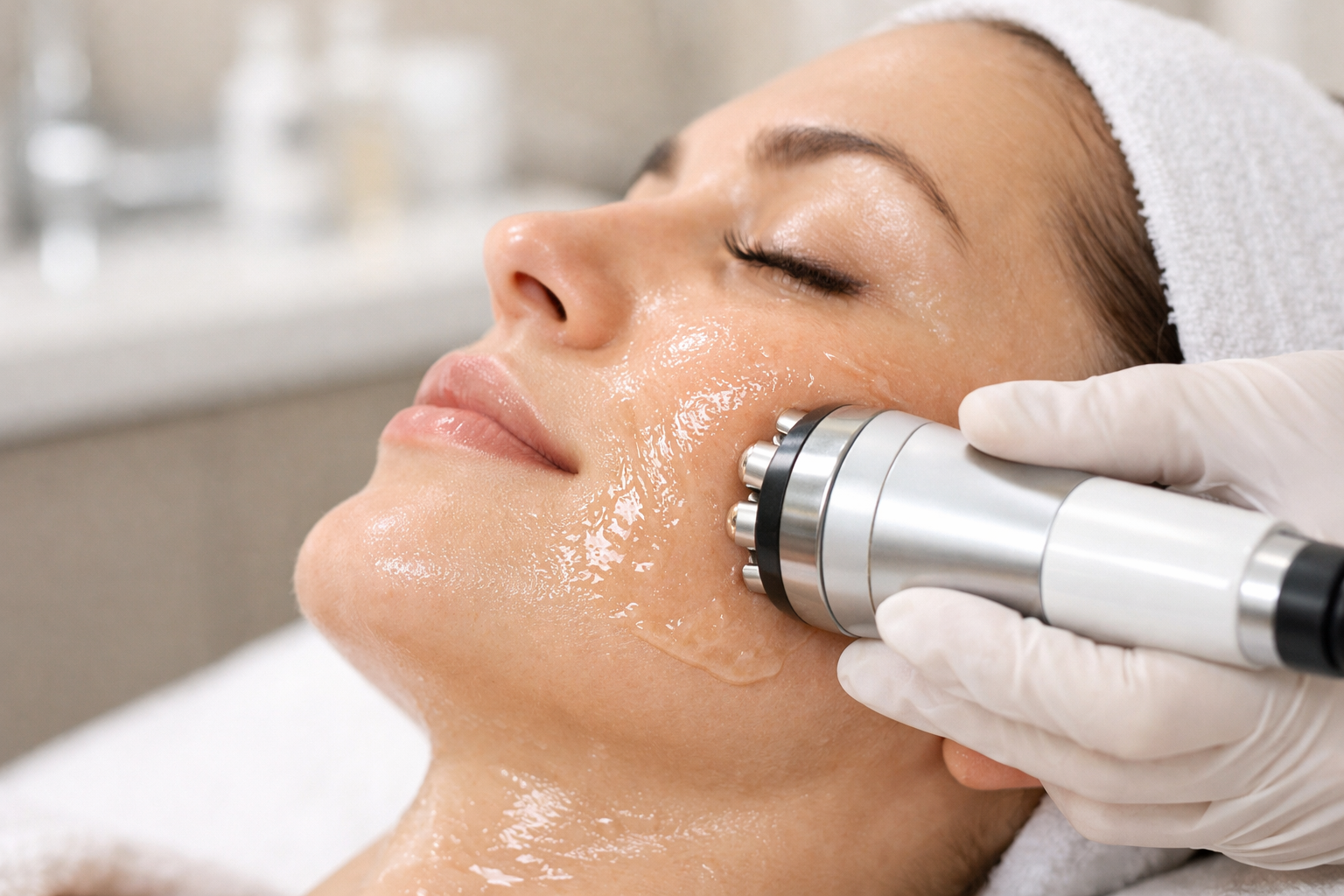 Close-up of radiofrequency RF skin tightening device used during facial treatment