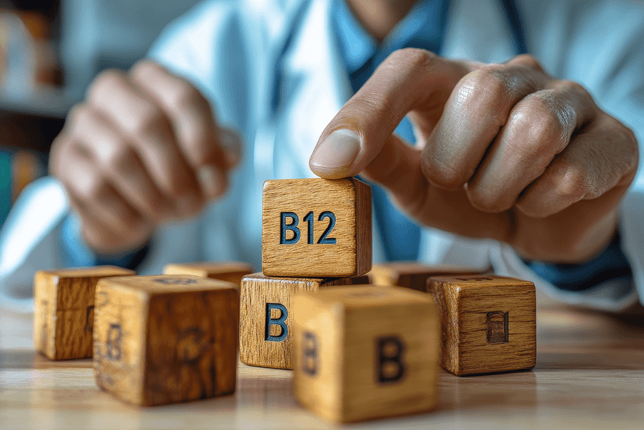 Wooden blocks with B12 and B vitamin labels being stacked by a doctor, representing vitamin B12 deficiency, supplementation, and nutritional health concepts.
