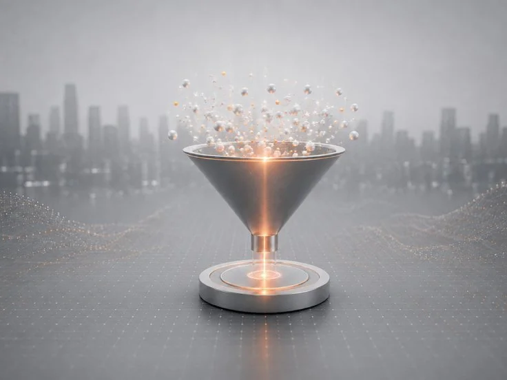 A digital rendering of a futuristic device with a metallic cone and a glowing light underneath, releasing small particles into the air, with a city skyline in the background.