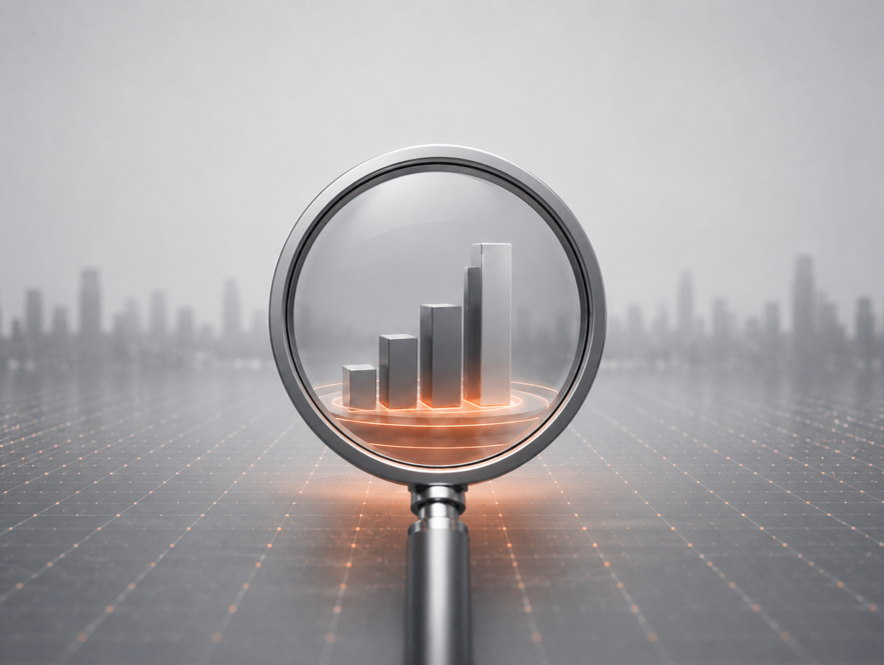 Magnifying glass focusing on upward trending bar chart with city skyline in the background.