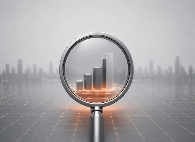 A magnifying glass focusing on a rising bar graph with four bars increasing in height, set against a blurred cityscape background.