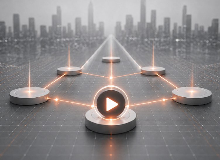 Futuristic digital network with interconnected circular nodes over a cityscape background.