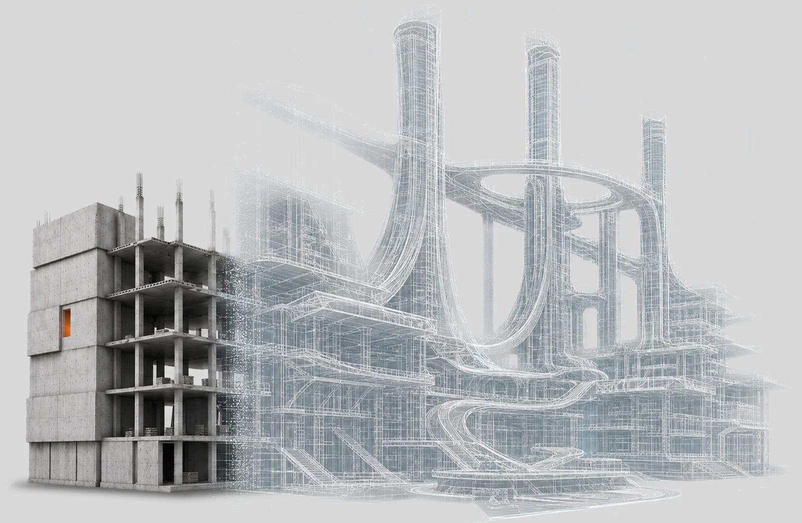 A grayscale image combining a real concrete building on the left with a futuristic architectural design and digital wireframe illustrations of a complex cityscape and elevated highways on the right.