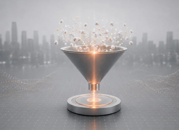 A futuristic digital image of a metallic funnel with glowing effects, with colorful particles and light emitting from it, set against a cityscape background.