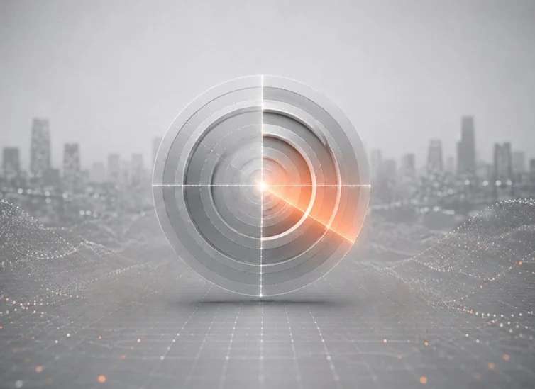 Digital radar target over cityscape with buildings in the background