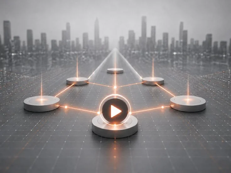 Digital network with six discs connected by glowing lines and a play button in the center, city skyline in the background.