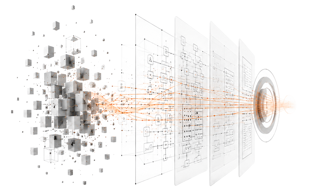 Digital illustration of a complex neural network or data processing system, showing interconnected nodes on sheets with flowing data streams leading to a circular data processing interface.