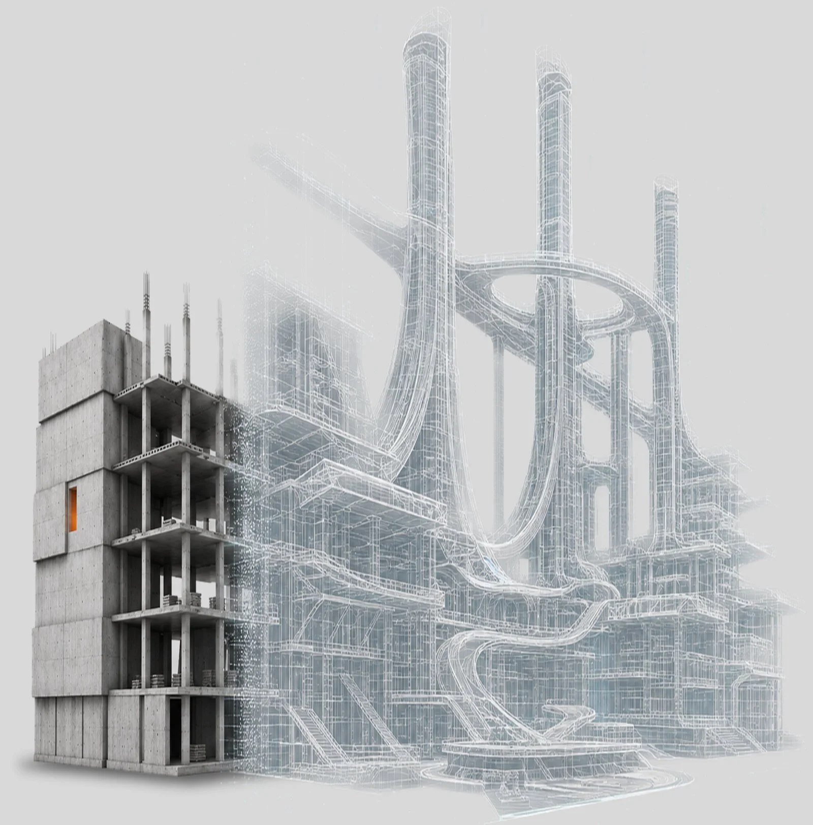A computer-generated image of a futuristic urban building complex with a mix of modern concrete residential structure on the left and transparent wireframe skyscraper designs in the background.