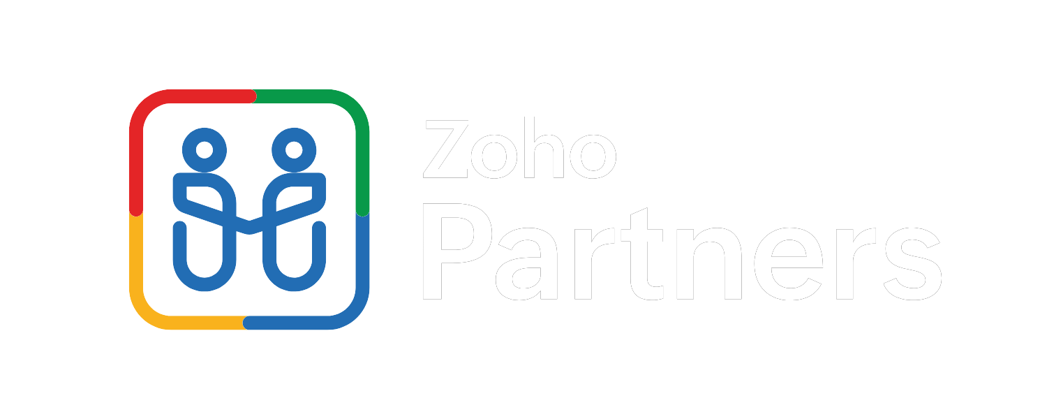 Logo of Zoho Partners featuring two stylized blue human figures holding hands inside a rounded square outlined with red, green, yellow, and blue segments, with the text 'Zoho Partners' to the right.