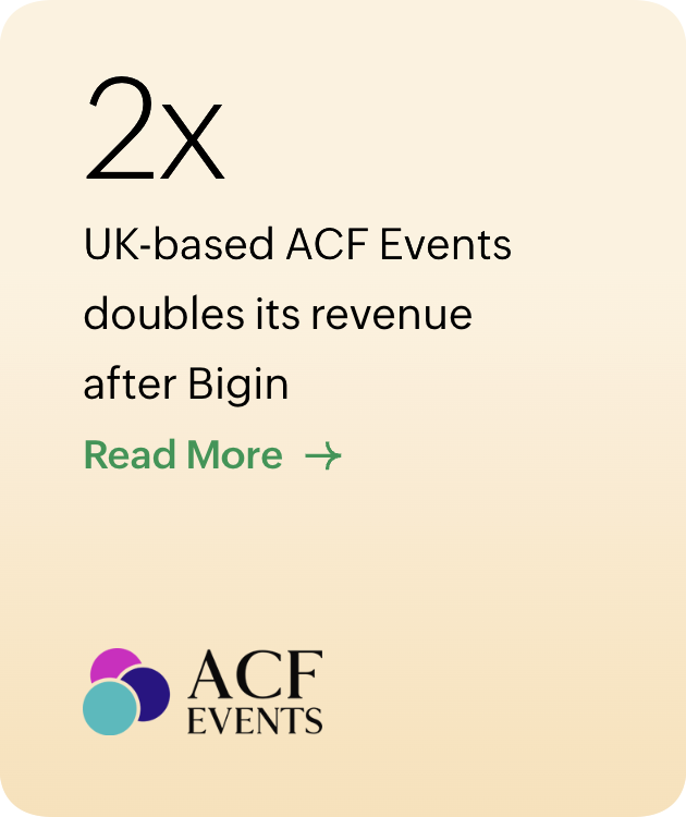 An advertisement for UK-based ACF Events indicating that their revenue has doubled after Bigin, with a "Read More" link and the ACF Events logo at the bottom.