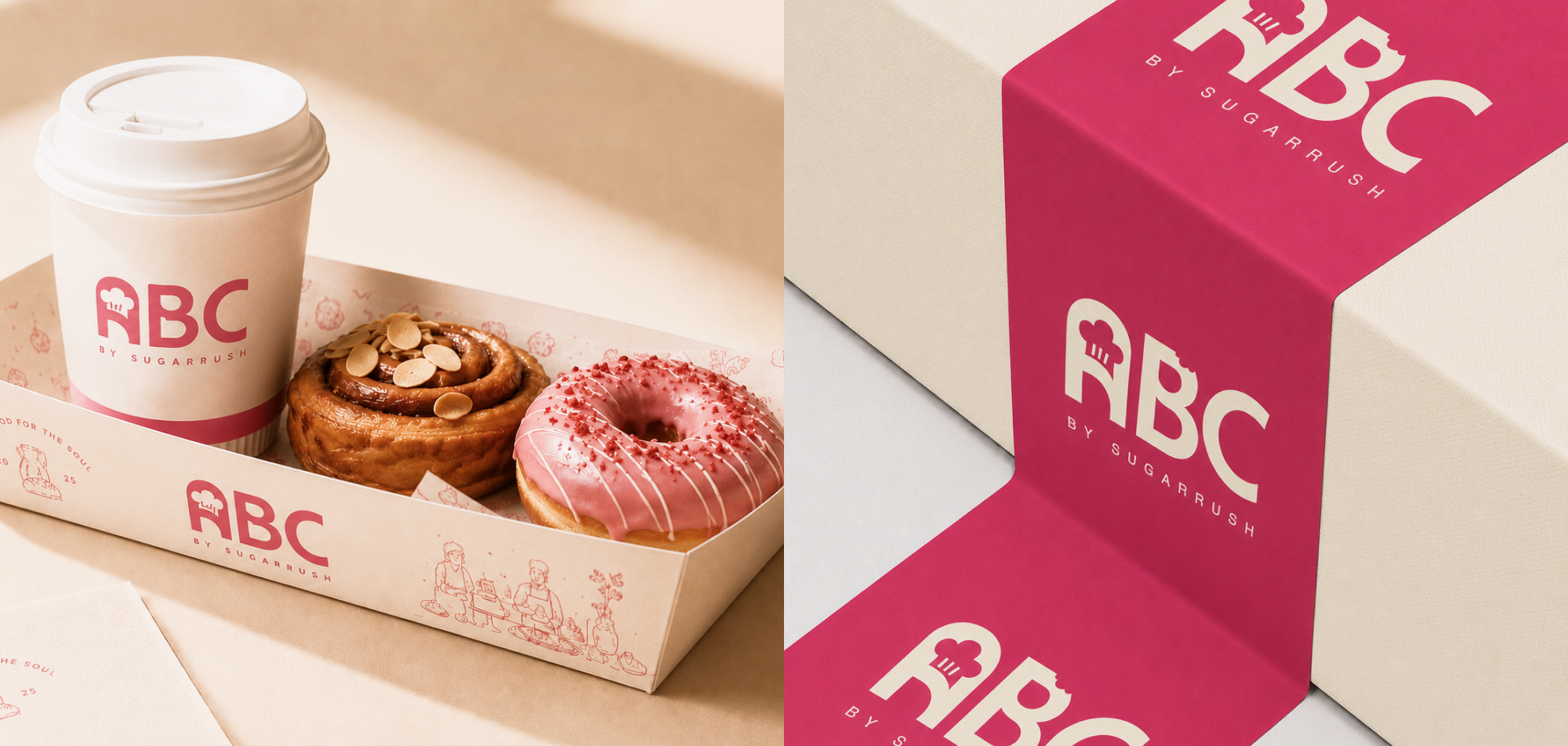 Cake packaging and takeaway box design for bakery brand ABC