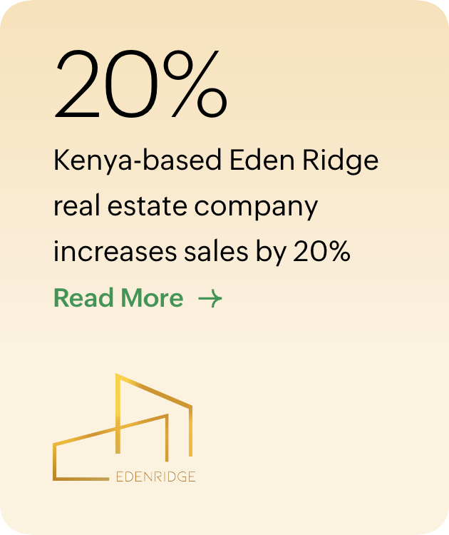 An infographic showing a 20% sales increase for Kenya-based Eden Ridge real estate company, with a 'Read More' link and a stylized house logo.