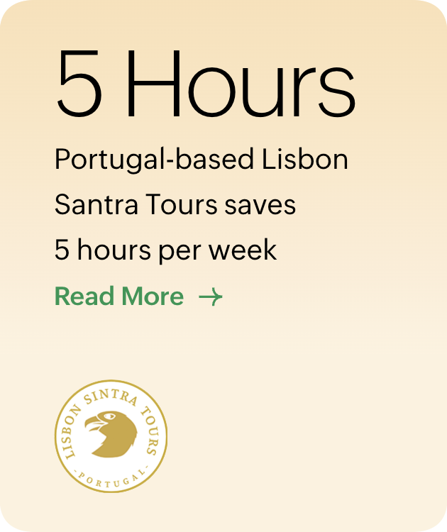 Text about Portugal-based Lisbon Santa Tours saving 5 hours per week, with a logo of a bird and the words "Lisbon Sintra Tours Portugal" at the bottom.