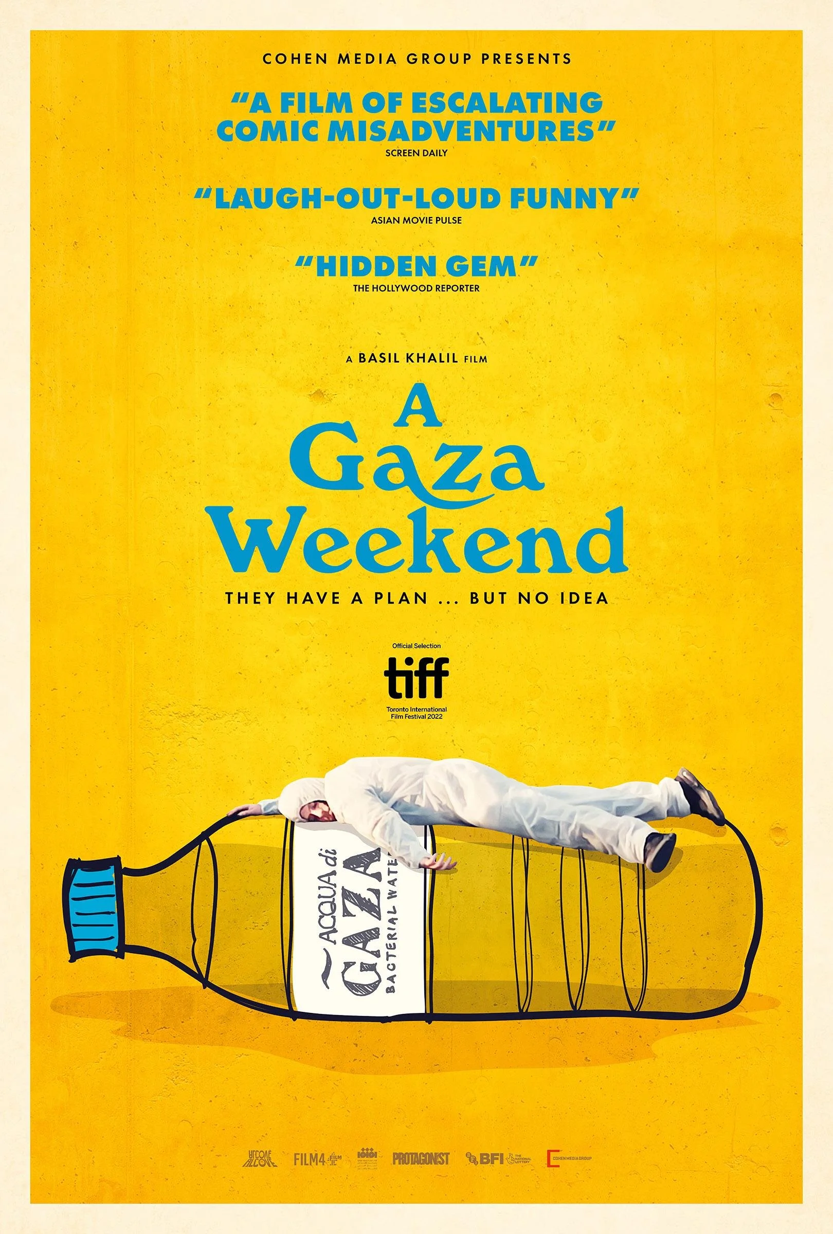 Poster for the film "A Gaza Weekend" featuring a person lying on a large cartoon bottle labeled "Acqua di Gaza Bacterial Water," with positive reviews and Toronto International Film Festival mention.