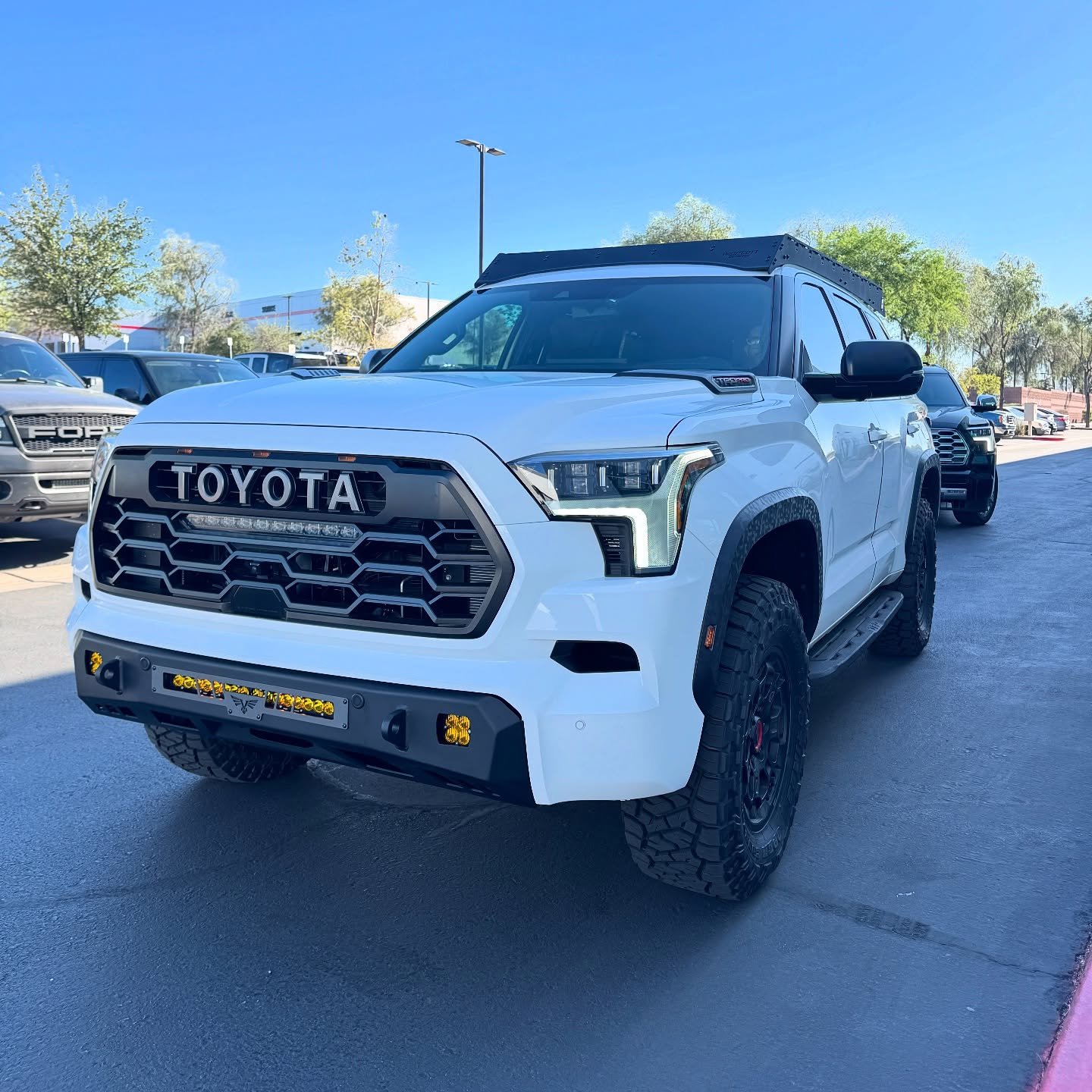 TRD Pro Sequoia lookin ready for the weekend! 
@westcott_designs suspension system and roof rack 
@toyotires 35&rdquo; RT trail tires 
@victory4x4 center bumper system
@bajadesigns 20&rdquo; s8 and squadron pods