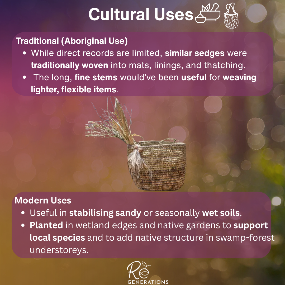 Cultural uses - Carex maculataTraditional (Aboriginal Use) While direct records are limited, similar sedges were traditionally woven into mats, linings, and thatching The long, fine stems would’ve been useful for weaving lighter,.png