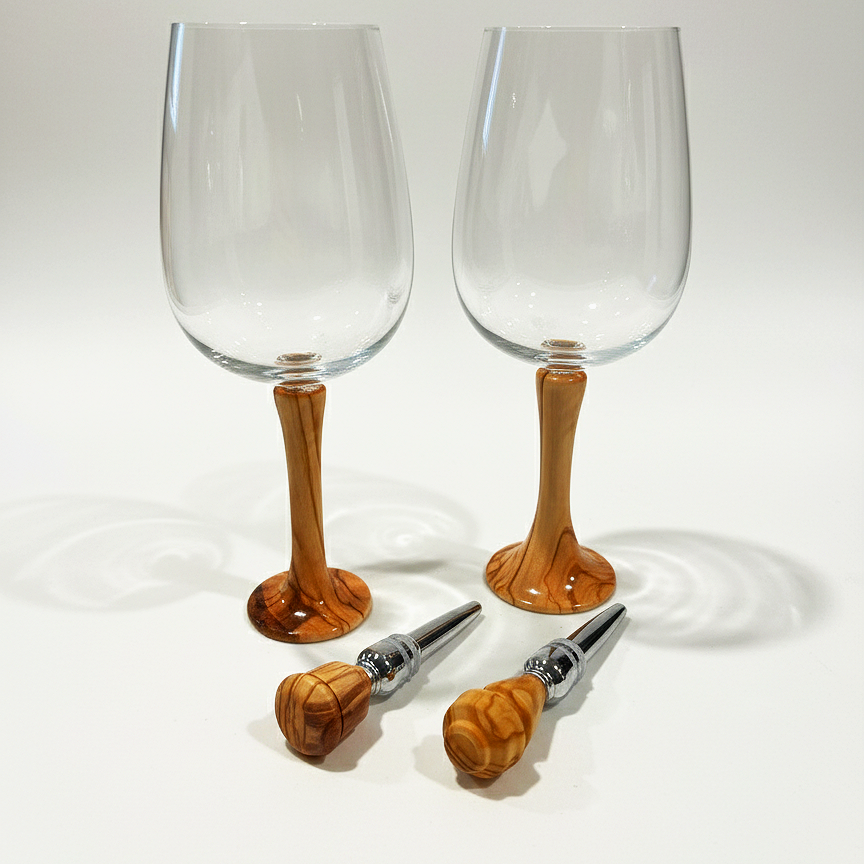 Wine Glass Set with Olivewood Stems and Matching Stopper