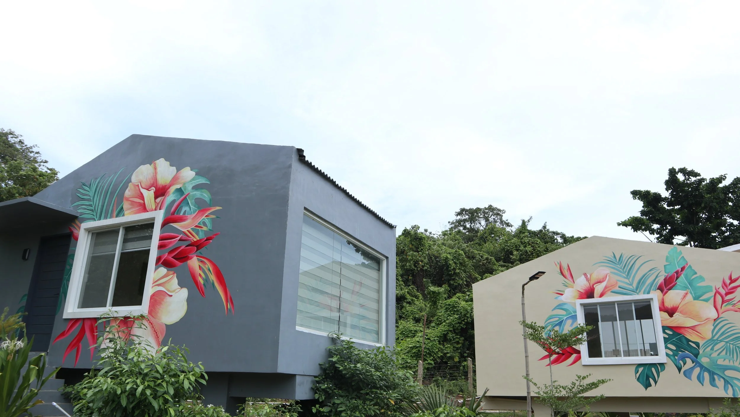Two modern houses with colorful floral murals on their exteriors, surrounded by green trees and plants under a cloudy sky.