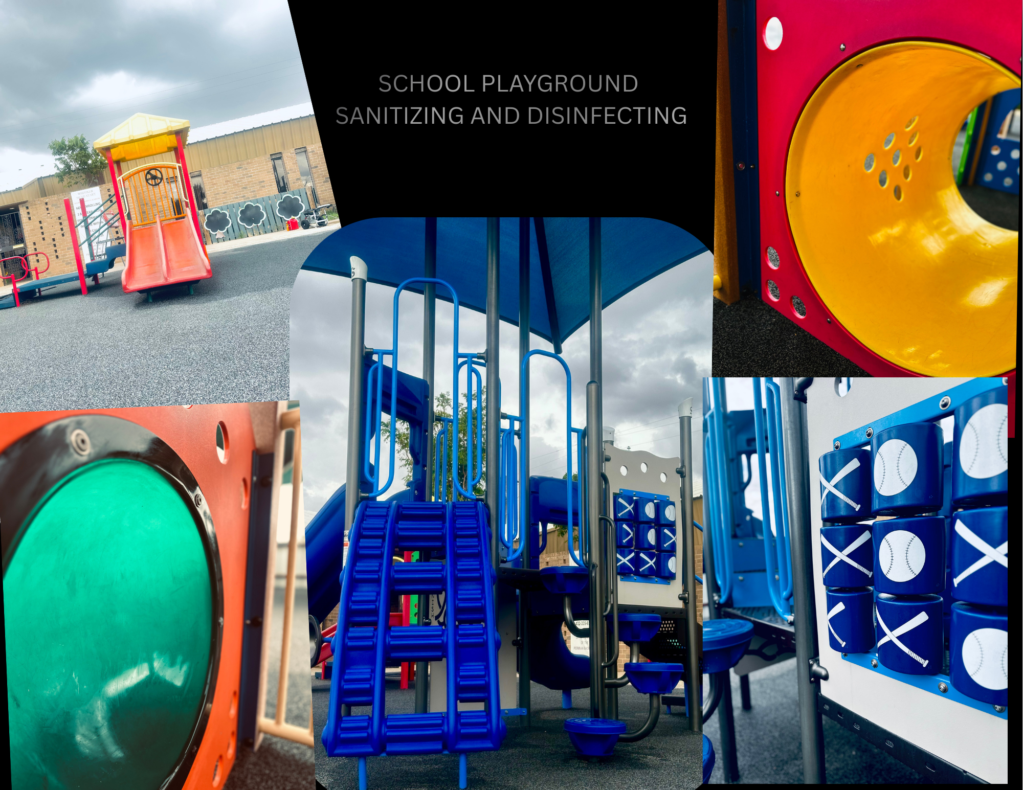 E&E Solutions Sanitizing and Disinfecting a local school Playground with slides, climbing structures, tic-tac-toe, and ball games.