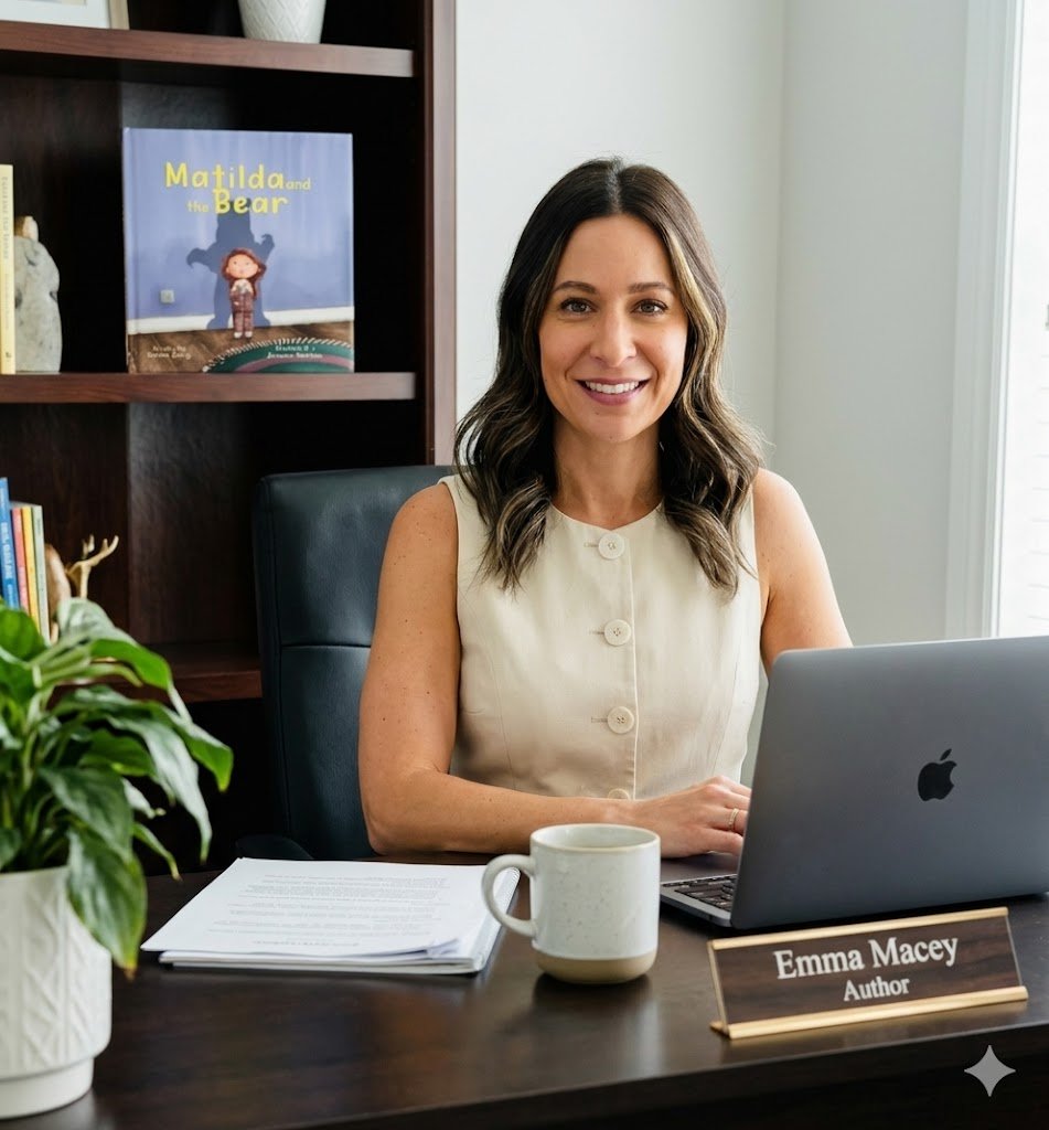 A smiling woman sitting at a desk with a laptop, nameplate reading Emma Macey, in a well-lit office, with a bookshelf and a potted plant nearby.
