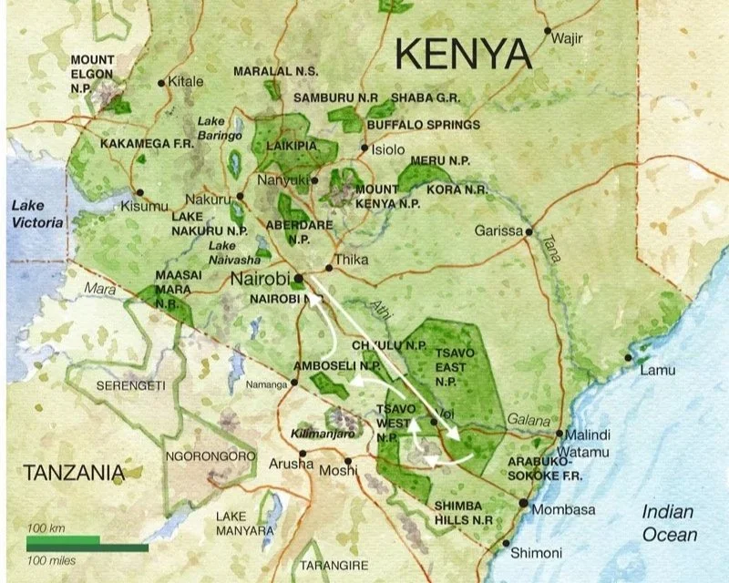 Map of Kenya showing national parks, reserves, and cities, including Lake Victoria, Nairobi, and Mombasa.