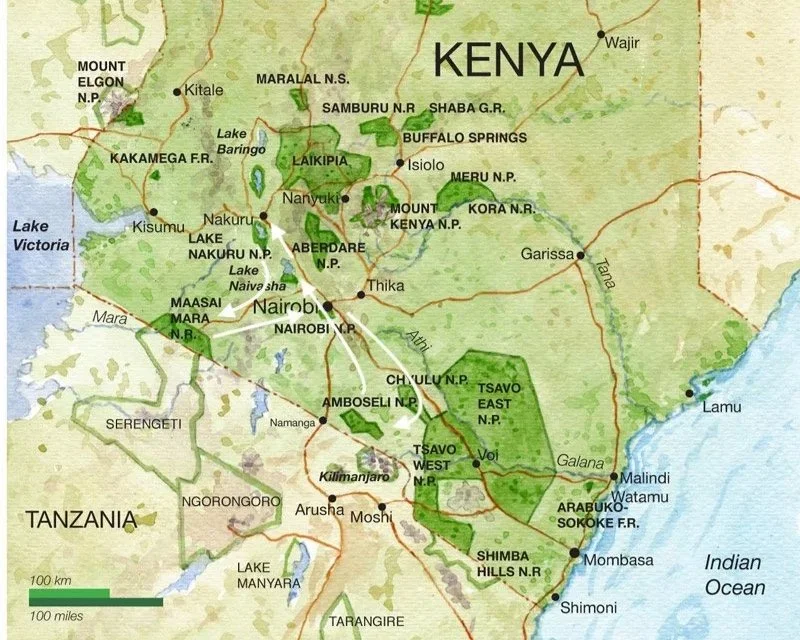 Map of Nairobi National Park in Kenya, showing lakes, roads, and various wildlife reserves and national parks in and around Nairobi, adjacent to the Indian Ocean.