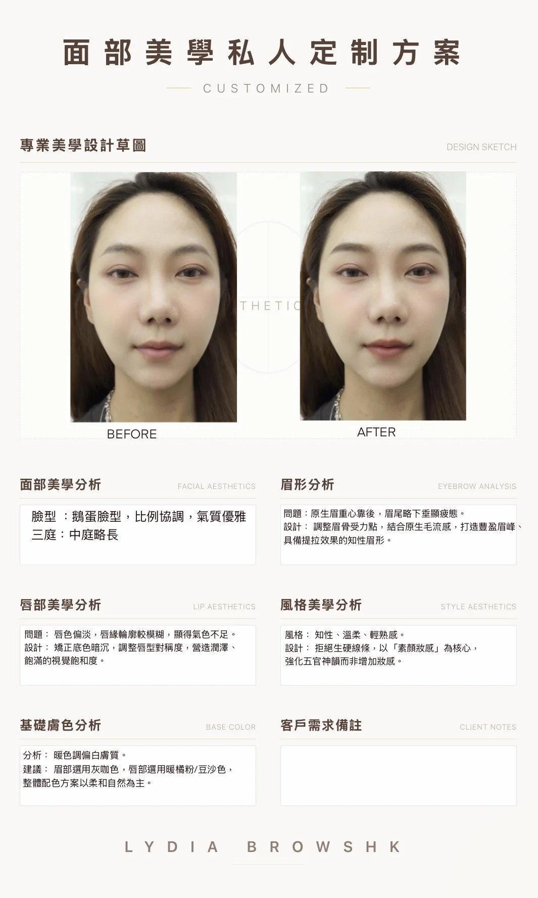 A report showing before and after photos of a woman's face for a customized aesthetic treatment, with sections analyzing facial aesthetics, eyebrow, lips, style, base color, and client notes.