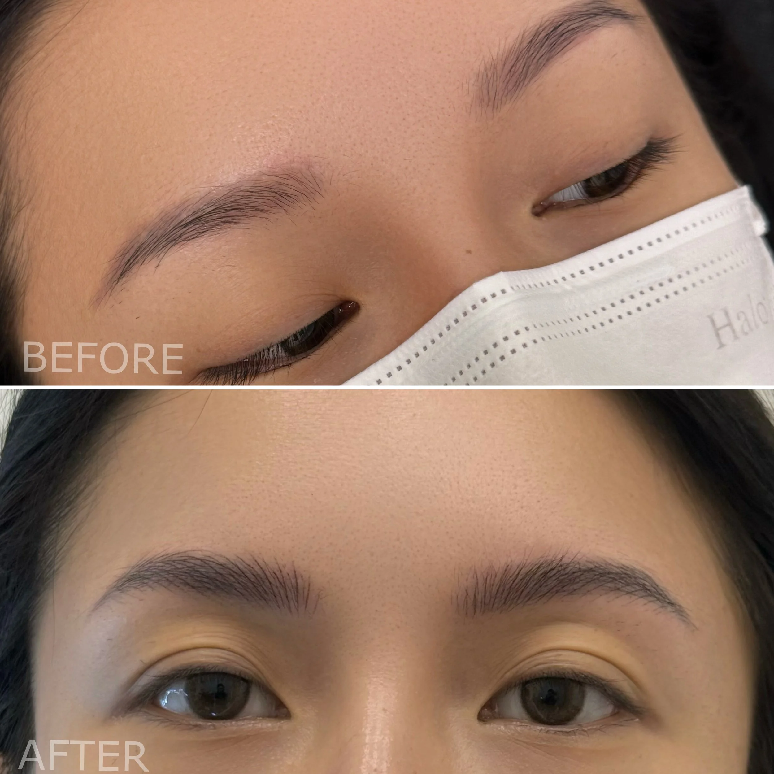 Close-up of a person's eyes showing a before and after comparison of eyebrow enhancement, with the 'before' showing sparse eyebrows and the 'after' showing fuller, well-shaped eyebrows.