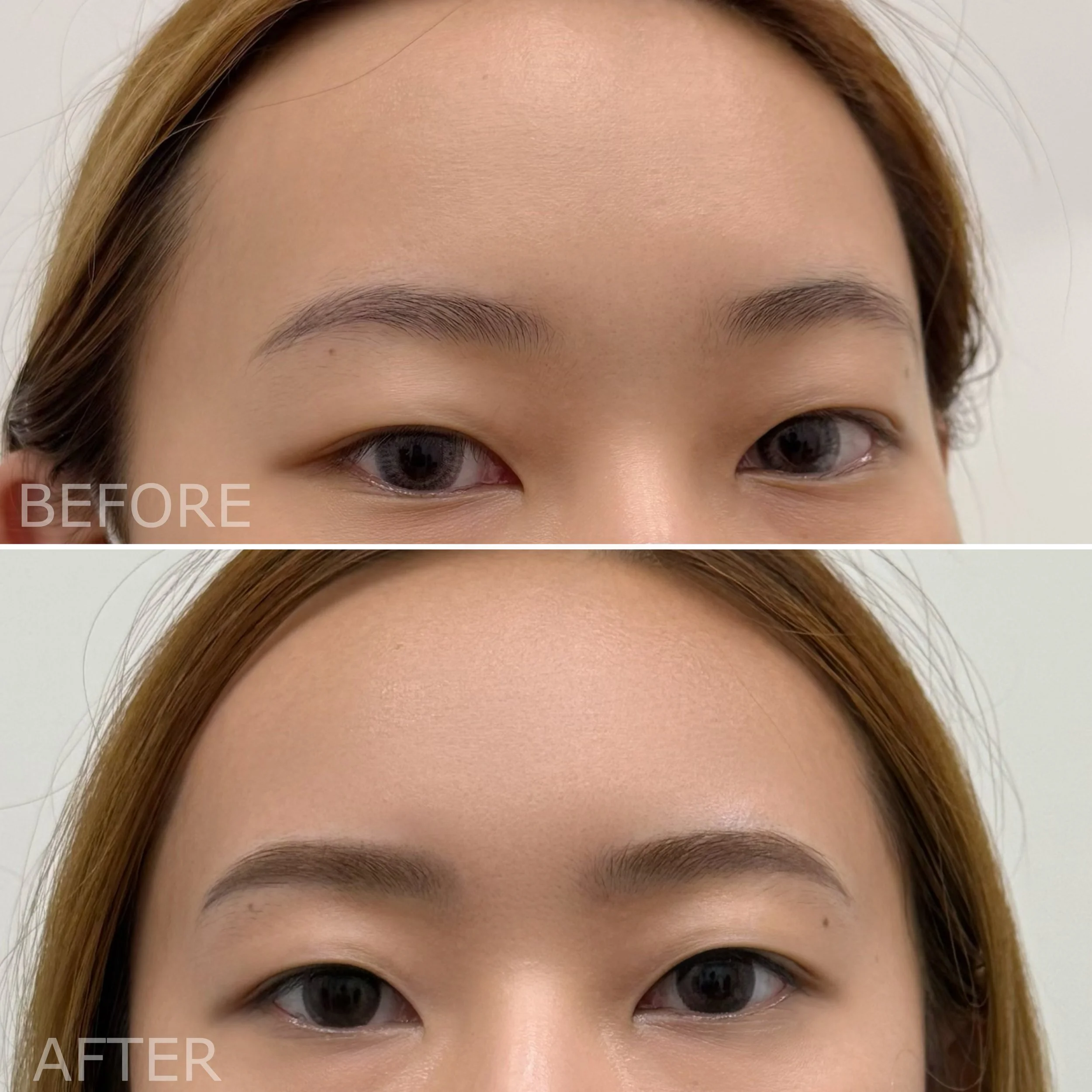 Close-up of a woman's face showing a before and after comparison of eyebrow enhancement, with the top labeled 'BEFORE' and the bottom labeled 'AFTER'.