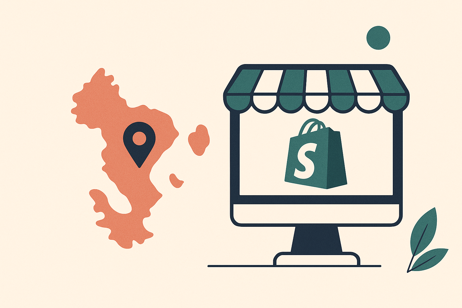 Illustration digitale représentant Shopify à Mayotte : carte de Mayotte, écran d’ordinateur avec boutique en ligne et sac de shopping, symbolisant l’e-commerce local.