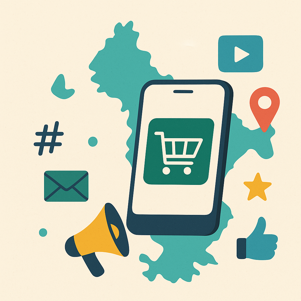 Illustration représentant la promotion d’une boutique en ligne à Mayotte, avec smartphone, carte de Mayotte, icônes de marketing digital comme un panier, un mégaphone, un hashtag et une étoile.