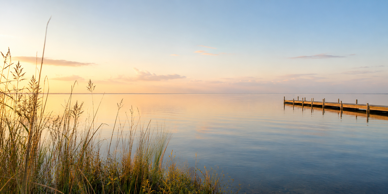 Ruhiger See mit Schilf am Ufer und Bootssteg im Hintergrund