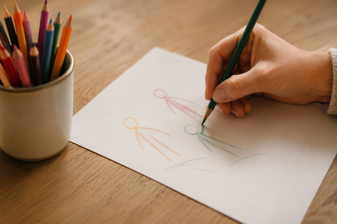 Hand zeichnet einfache Strichfiguren für die systemische Bild- und Gestalttherapie
