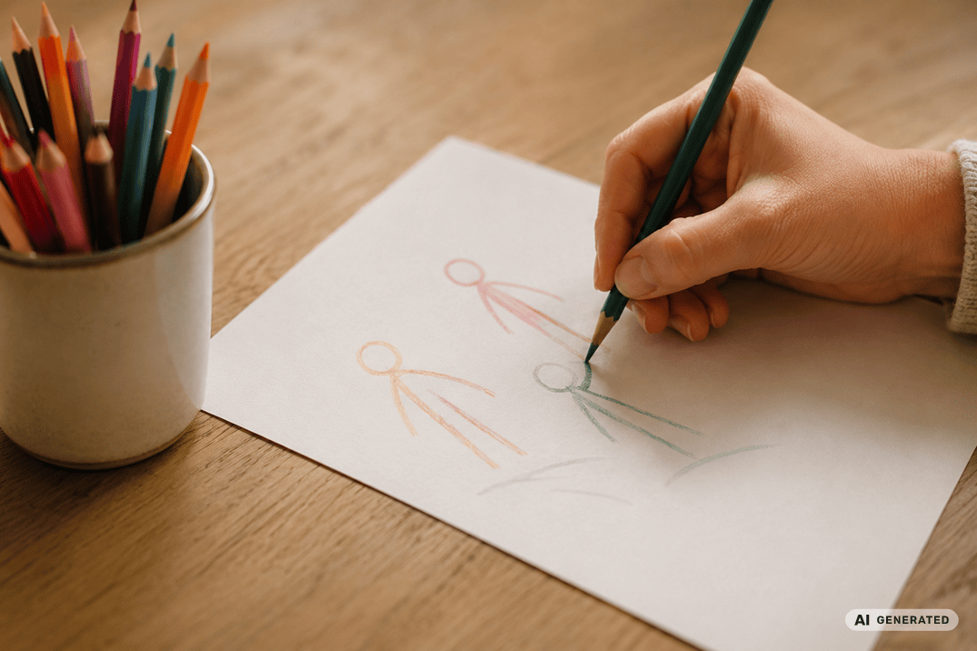 Hand zeichnet einfache Strichfiguren für die systemische Bild- und Gestalttherapie