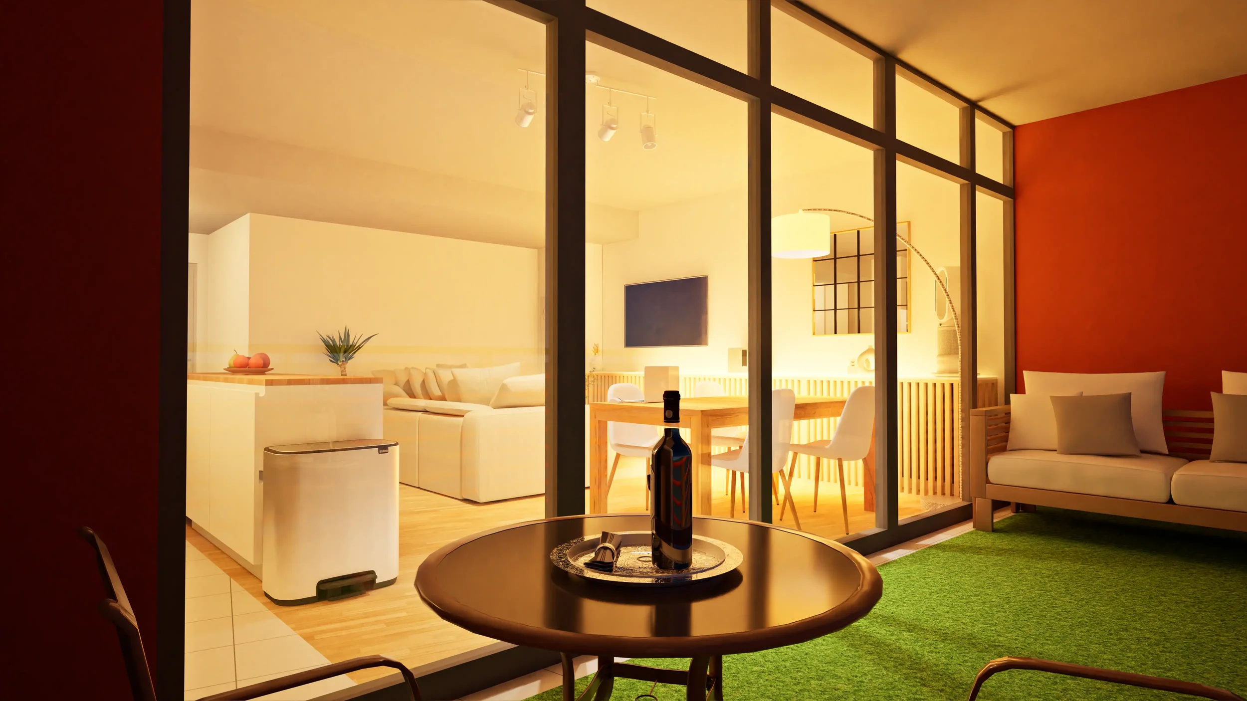 Intérieur moderne d'un appartement avec salon et salle à manger, éclairage chaud, meubles en bois clair, tapis vert, terrasse ou balcon séparé par une grande fenêtre en verre.