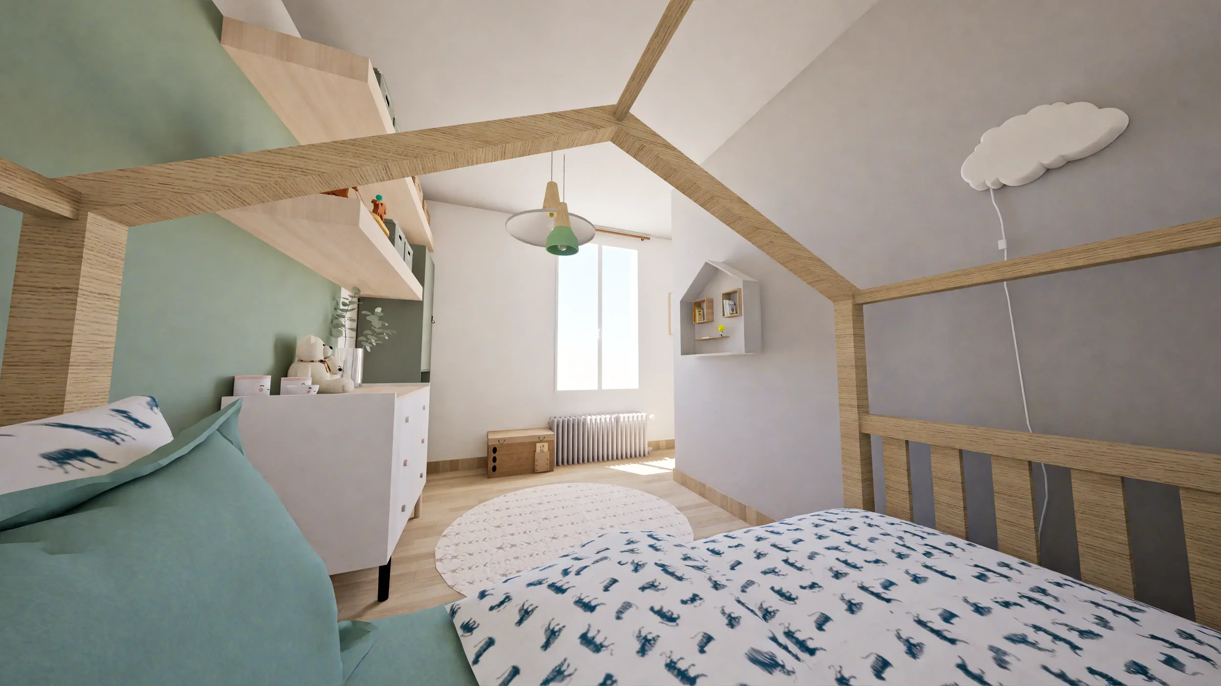 Chambre d'enfant avec lit, étagères en bois, décoration douce et naturelle, mur avec lampe nuage