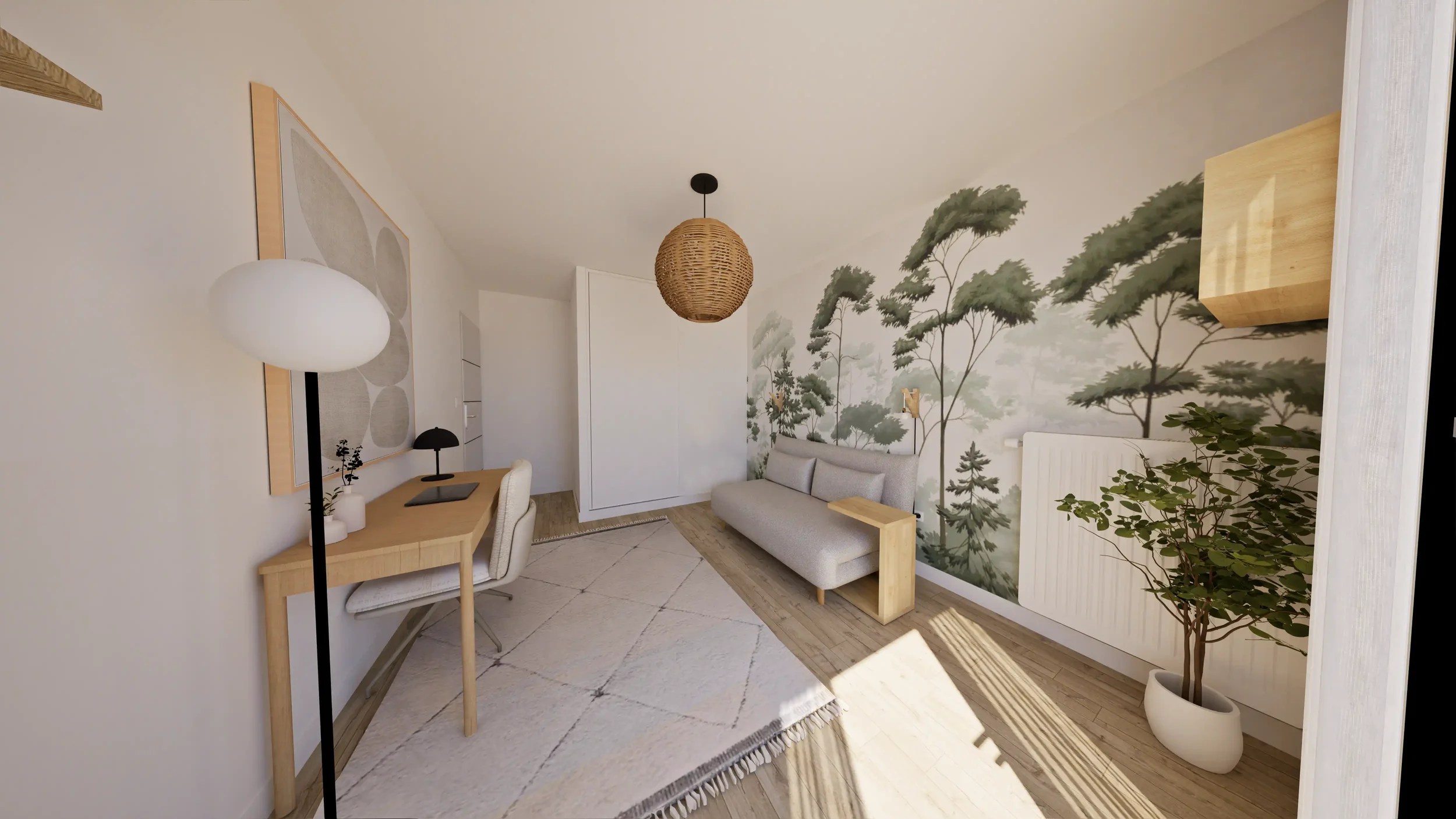 Salon avec mur décoratif de forêt, canapé gris, bureau en bois, lampe et tapis beige.