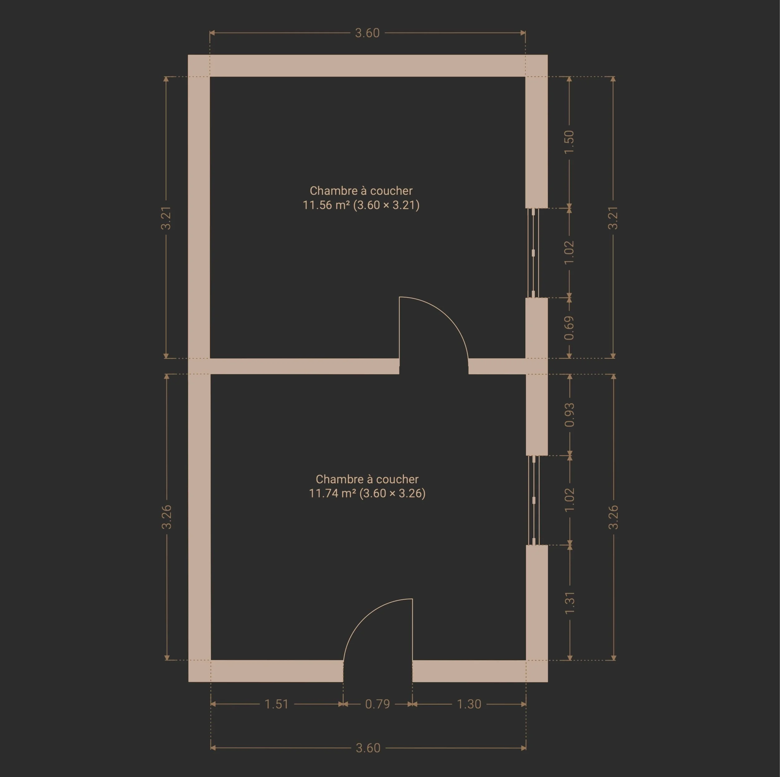 Plan de deux chambres à coucher avec dimensions détaillées en mètres, les deux chambres mesurent environ 3,6 mètres sur 3,2 mètres.