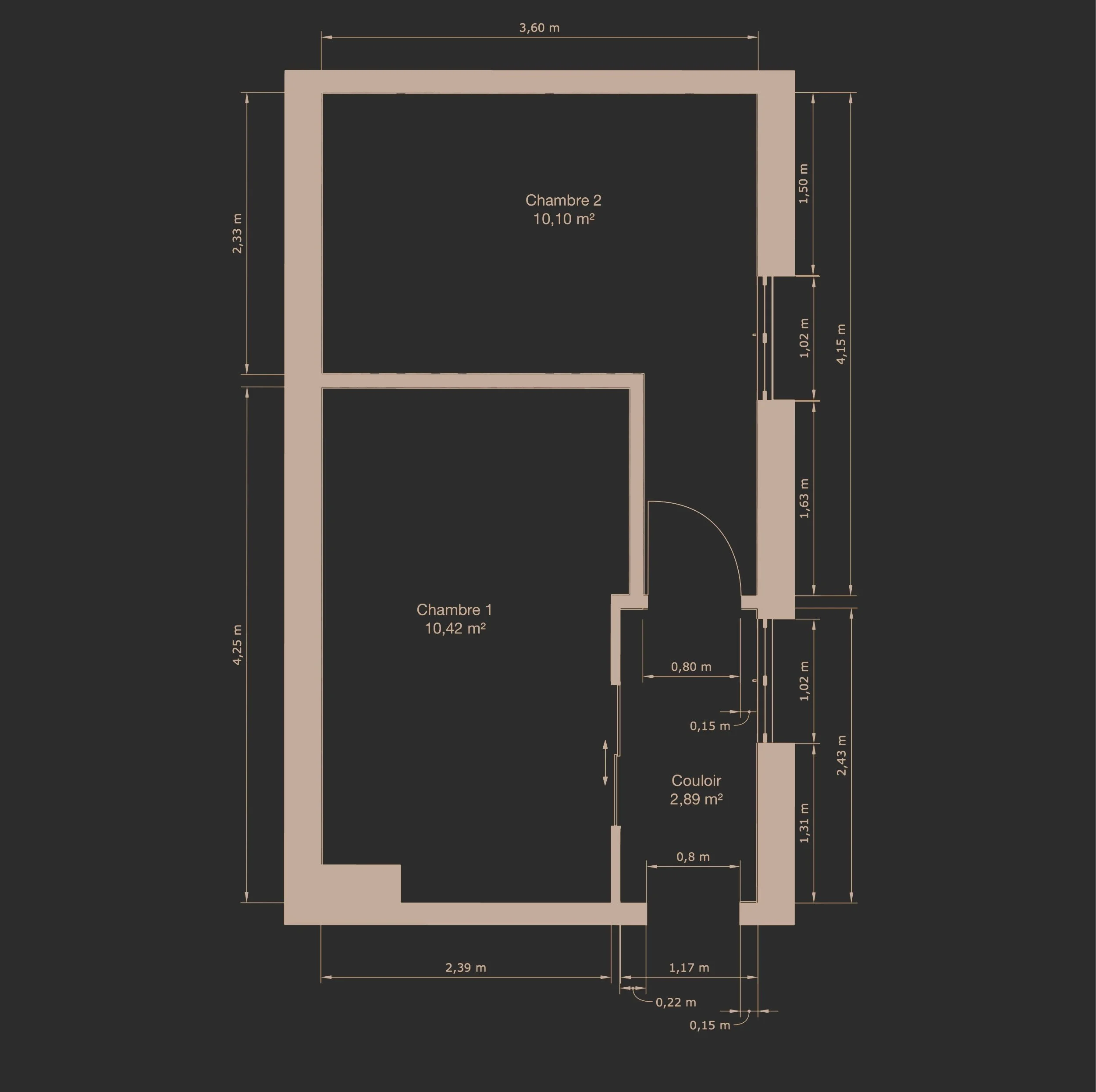 Plan d'une disposition d'appartement avec deux chambres, un couloir, des dimensions en mètres et des surfaces en mètres carrés, labels indiquant 'Chambre 1', 'Chambre 2', et 'Couloir'.