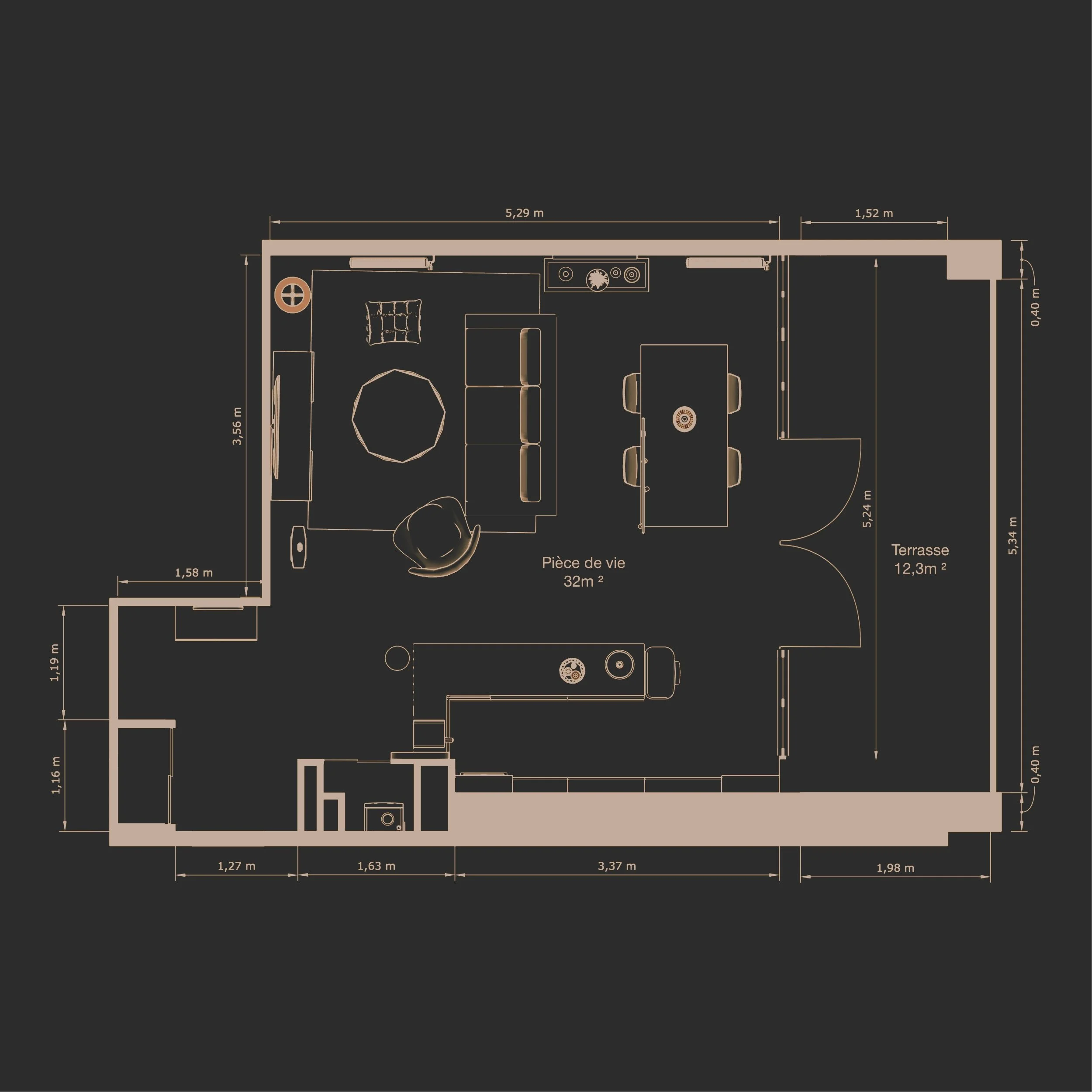 Plan d'une pièce de vie avec une terrasse, montrant l'emplacement des meubles, des portes, et les dimensions en mètres.