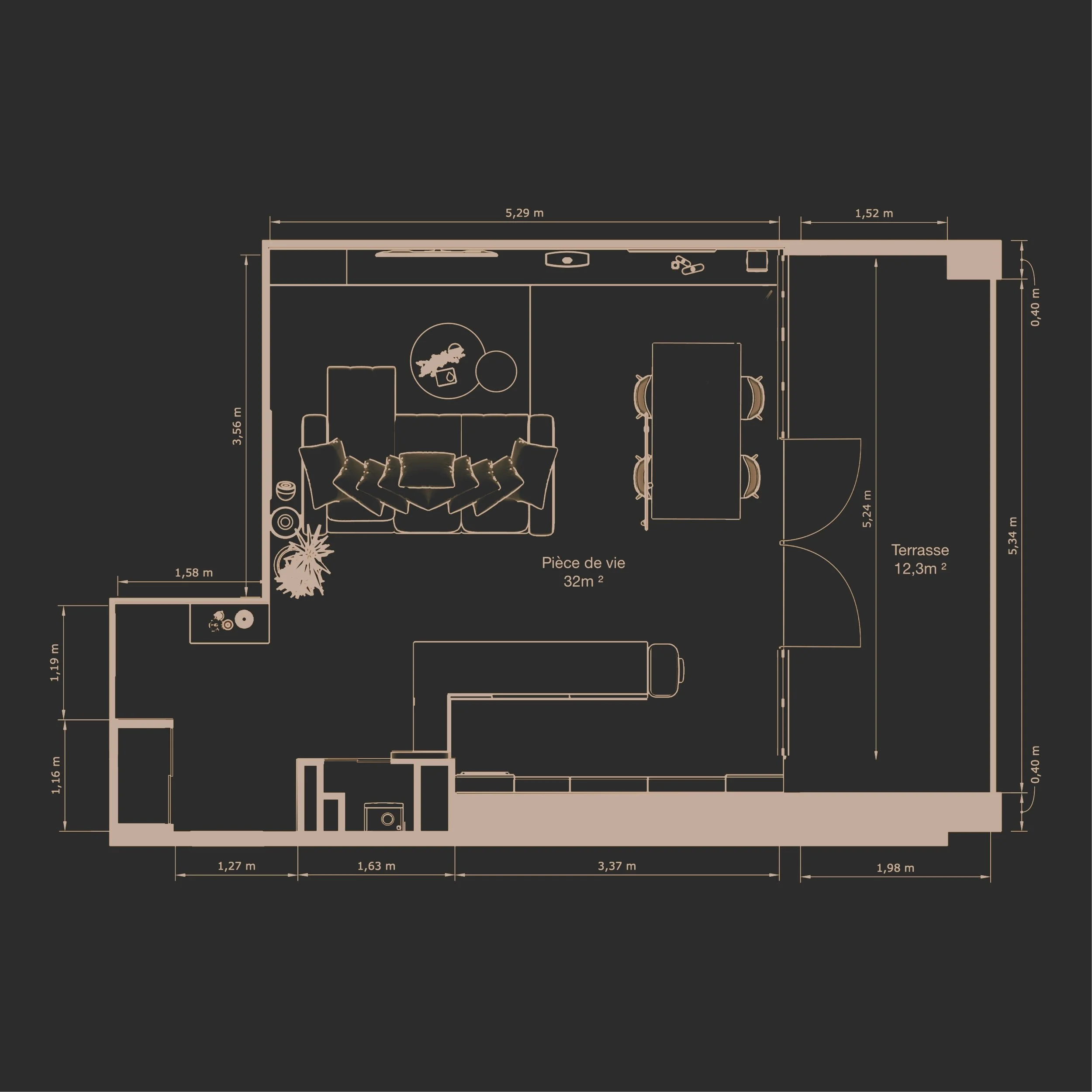 Plan d'une pièce de vie avec un salon, une table à manger, une terrasse, et une petite pièce avec des équipements, dimensions indiquées en mètres.
