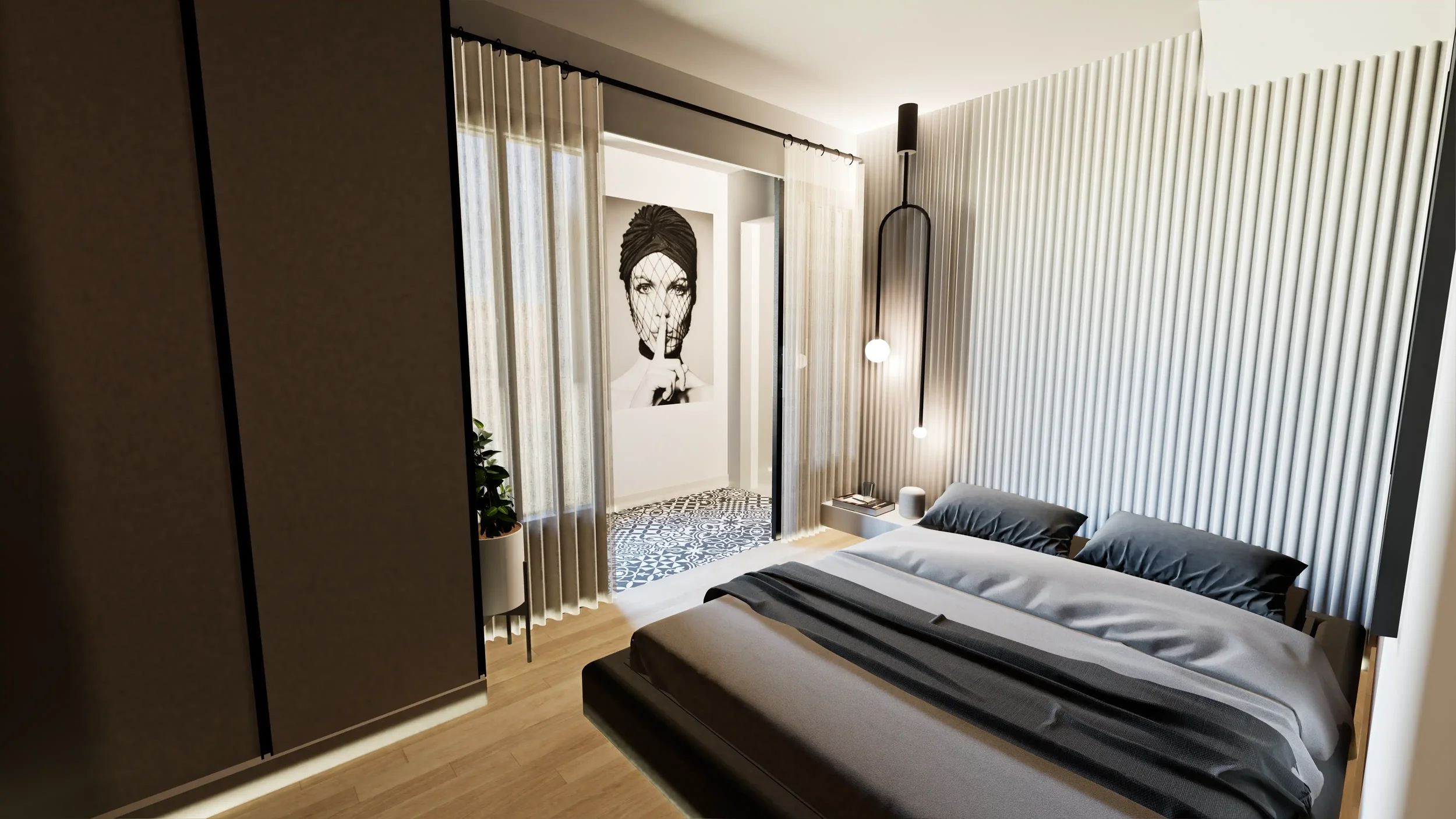 Chambre moderne avec lit double, lampes suspendues, mur à rainures blanches, porte coulissante avec rideaux, et œuvre d'art représentant une femme mystérieuse.