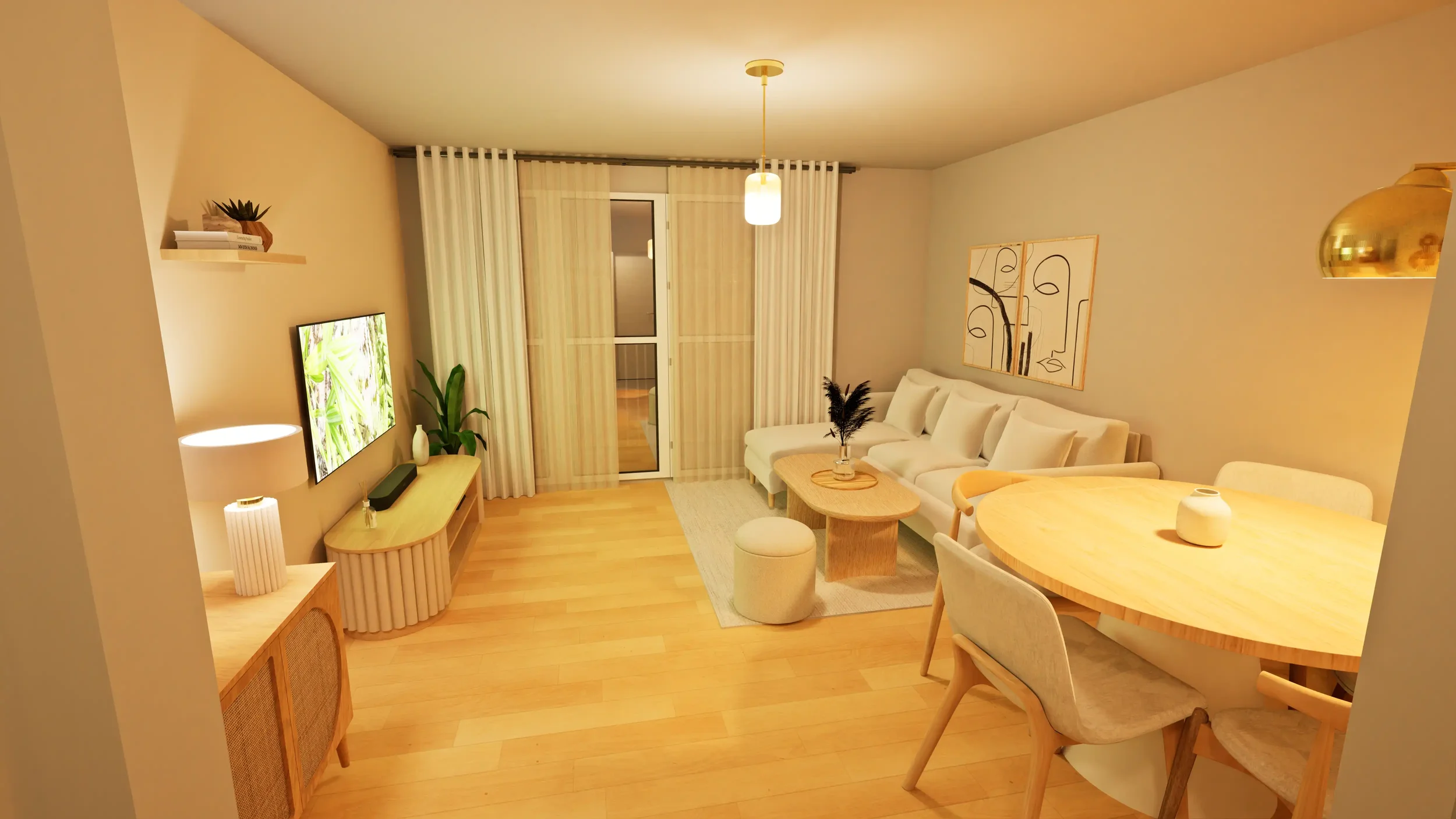 Salon moderne avec canapé blanc, table basse en bois, téléviseur mural, canapé rond, salle à manger ovale, décoration minimaliste, rideaux blanc, éclairage chaud.