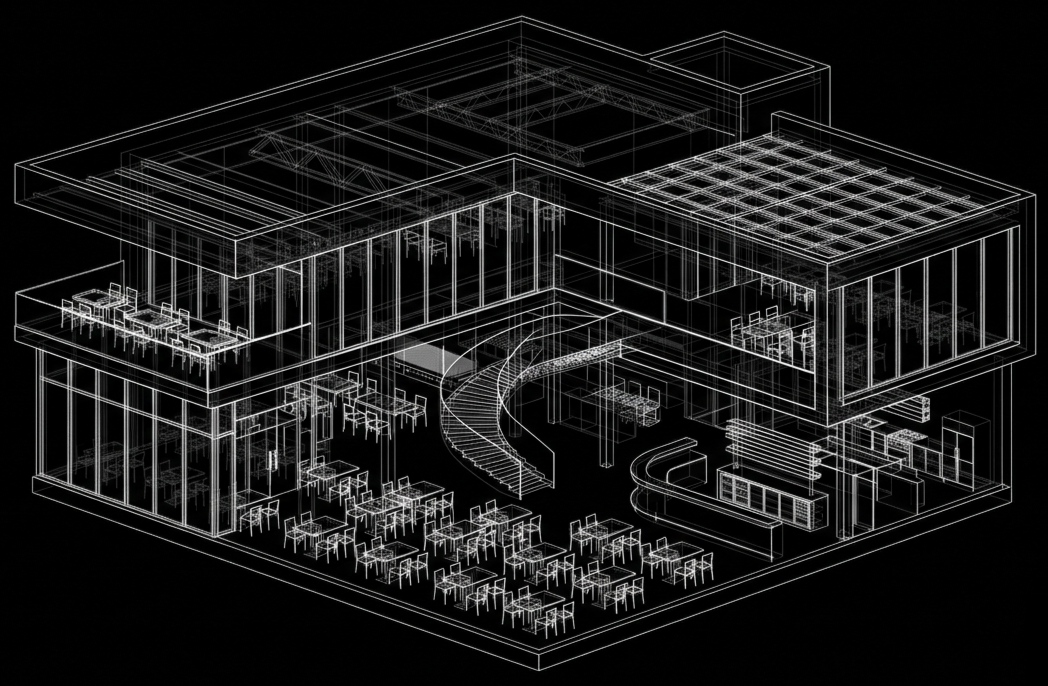 Avancée du plan architectural d'un bâtiment en filaire, montrant plusieurs étages, des escaliers, des zones de restauration avec des tables et des chaises, et une structure moderne.