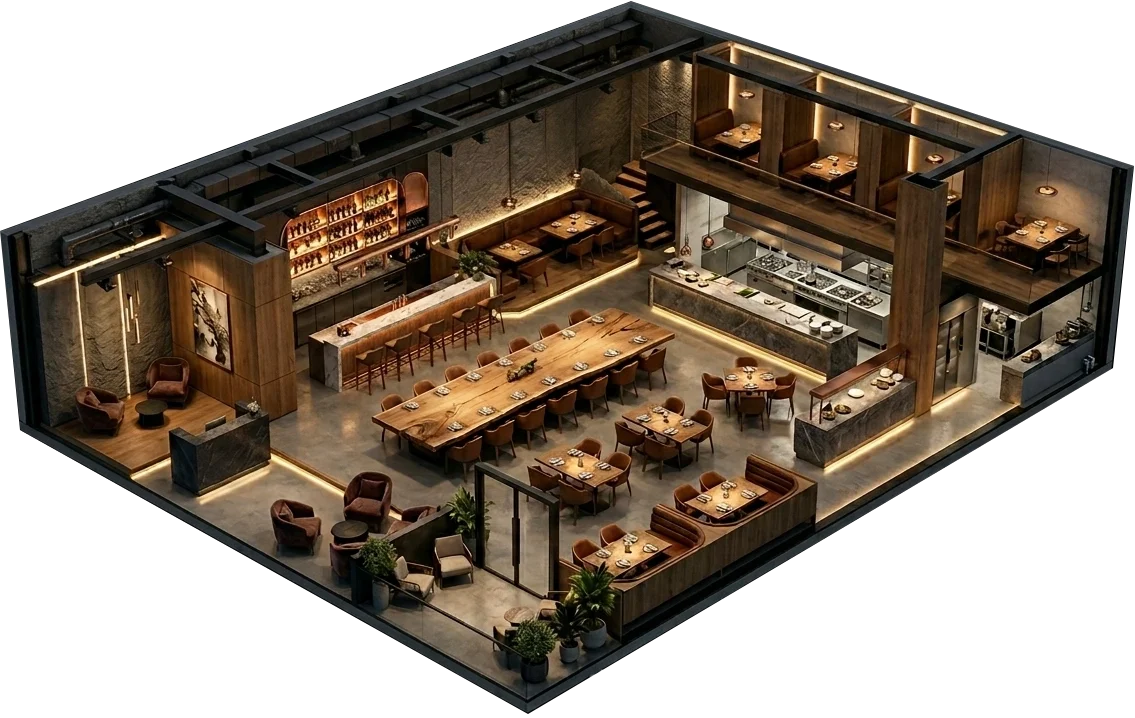 Un plan d'intérieur d'un restaurant moderne avec des tables en bois, un comptoir de bar, une cuisine ouverte, et des zones de sièges privées.