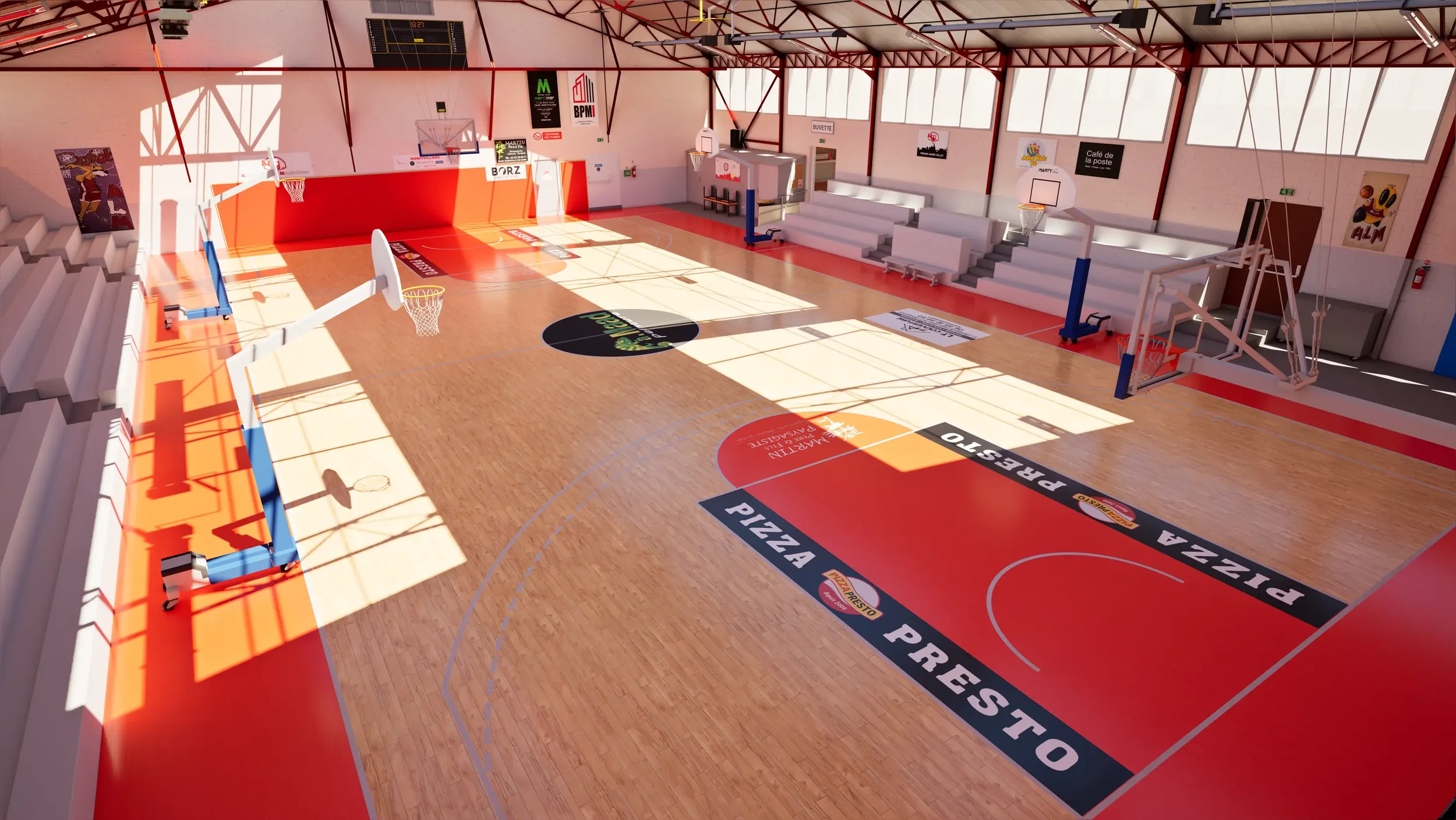 Une salle de sport intérieure avec un terrain de basketball en bois, plusieurs paniers de basket, des sièges et des panneaux d'affichage, éclairée par la lumière naturelle à travers de hautes fenêtres.