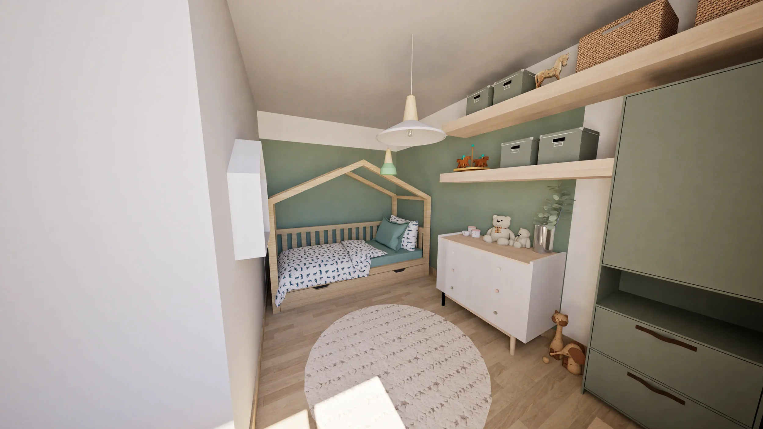 Chambre d'enfant décorée avec un lit en forme de maison, étagères en bois avec des boîtes de rangement, un tapis rond clair, jouets en peluche et décorations.