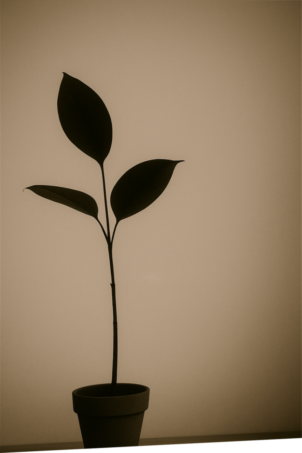 Silhouette d'une plante en pot avec trois grandes feuilles contre un mur clair.