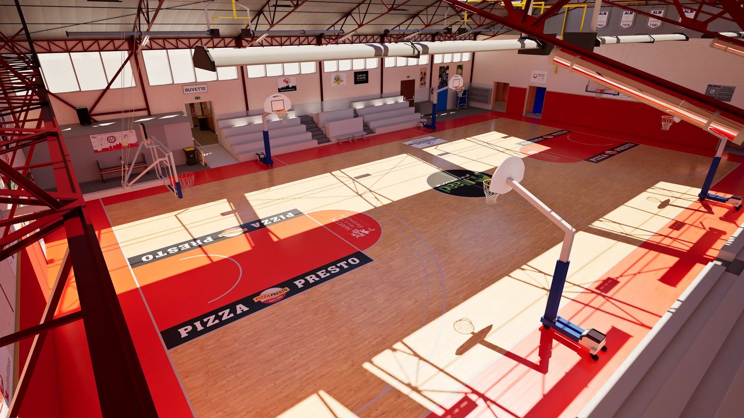 Intérieur d'un gymnase avec un terrain de basket, des paniers de basketball, des gradins, et des panneaux publicitaires.