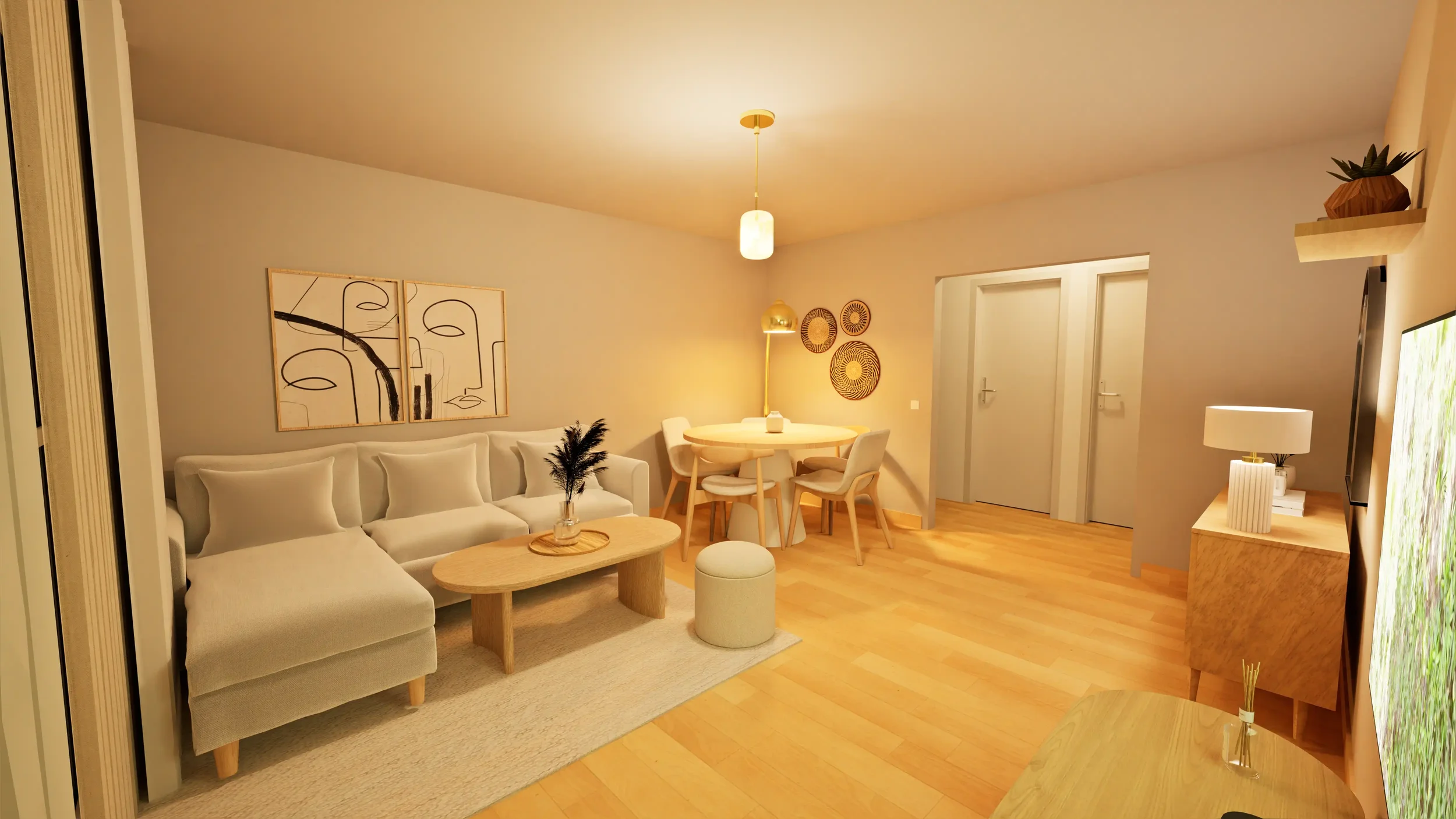 Salon et salle à manger décorés avec style scandinave, meubles en bois clair, tableau abstrait noir et beige, plantes en décoration, éclairage doux et ambiance chaleureuse.